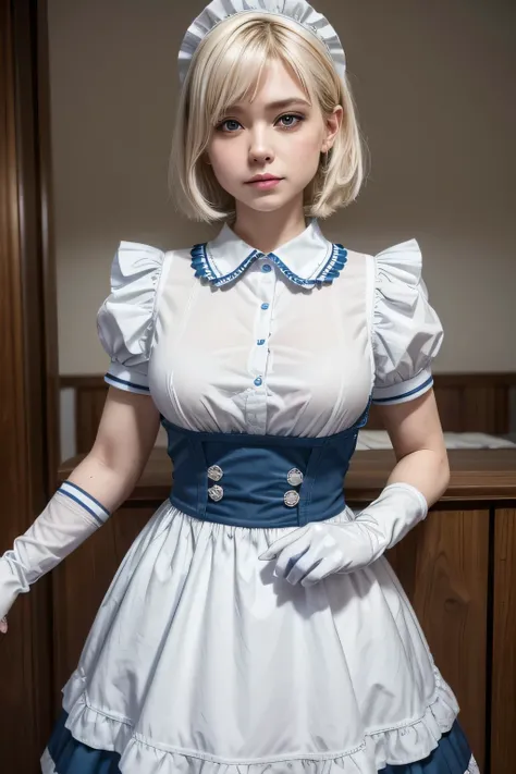 all intricate details, masterpiece, sharp focus, 1 girl view, perfect body:  "Maid 1 - "Lumina"
Apariencia:
Personalidad:
Habilidades:
Maid 1 - "Lumina"

Appearance:

    Age: 18 years
    Height: 165 cm
    Hair: Platinum blonde, short with a straight ban...