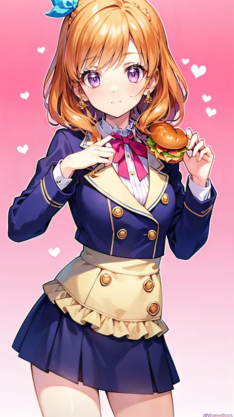  Masterpiece,  top quality,  super detailed,  in detail,  high res,   8k Wallpaper,  the background is white ，1 person，Girl eating hamburger， orange hair， pink eye，２０age， perfect hands，I have a hamburger in my hand