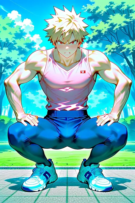 bakugo katsuki,   red eyes,   blond hair,   Detailed,   short hair,  wide shoulders  ,   muscular male  ,  Alone ,   male approach  , 8K, Park background,    blue sky,   nubes blancas, per day, vista de frente,   angry expression  ,   five fingers,  late, ...