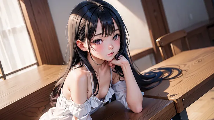 anime girl with long black hair sitting on a desk, seductive anime girl, ecchi, beautiful alluring anime , smooth anime cg art, ecchi anime style, anime best girl, oppai, realistic young gravure idol, beautiful anime girl squatting, the anime girl is crouc...