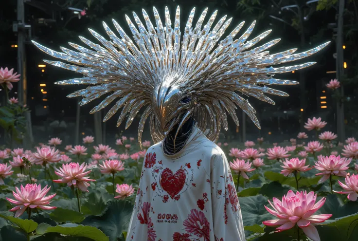 I have a photo of an alien with large Pearlescent-silver Pinecone-like head feathers, wearing a Valentines-day-themed shirt and a mask, standing in a field full of Lotus, in the style of cyberpunk