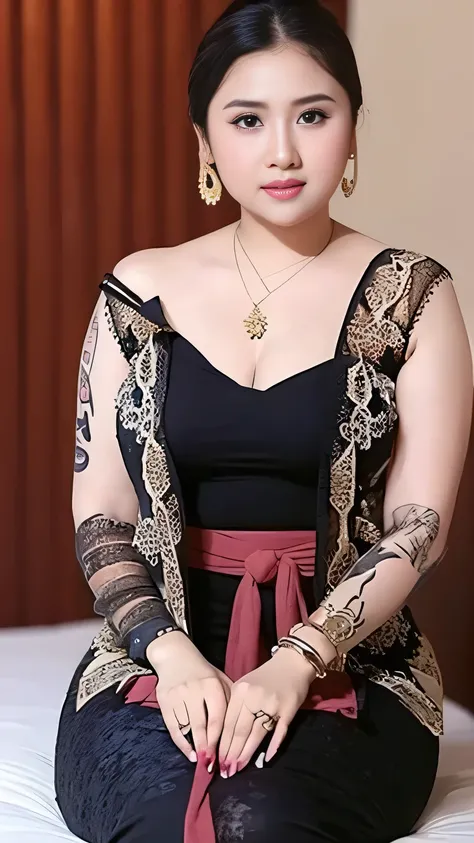 A beauty girl hijab with tattoos on body, beautiful art tattoo detailed, ((text tattoo on body:LOVE)), Wearing kebaya dress, detailed beautiful eyes, baby face, cute girl, big breast, earrings, necklace, Javanese ornament