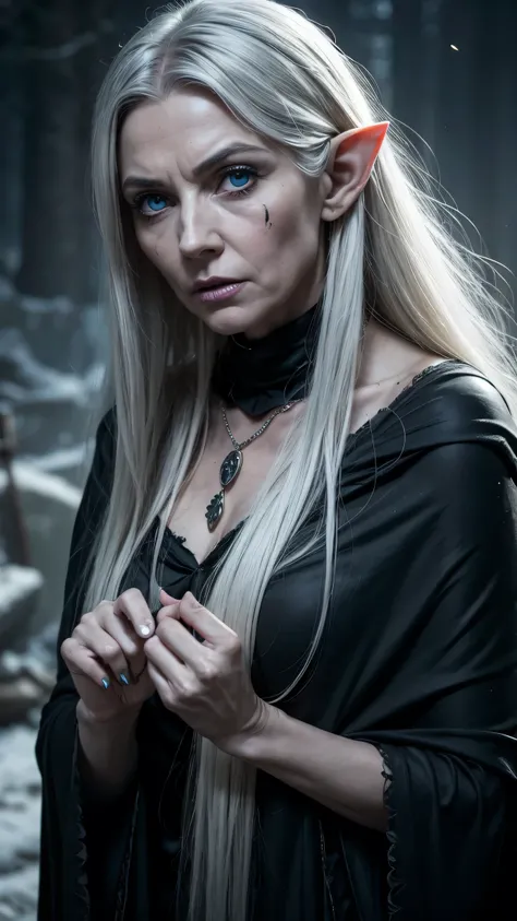  an old elf woman, Her once luminous skin has taken on a ghostly pallor, her eyes gleam with an unsettling intensity, and her long, black streaked silver hair now flows like a river of moonlight. thick black eyeliner, pale blue eyes, Her skin is old and wr...