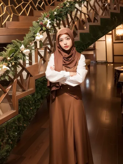 A young woman with a light-medium skin tone, wearing a modest brown hijab styled neatly without any hair visible. She is dressed in a stylish brown vest with gold buttons over a white long-sleeve blouse, paired with a matching brown long skirt. She stands ...