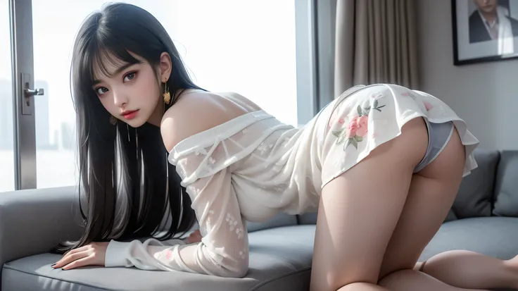 (girl on all fours on the office couch)、(Rear view),( Looking Back),Beauty、 one girl、 long hair、 viewers、smile、 blue eyes、 hair ornament、、gem、Gray Hair、Shut your mouth、 dull bangs、Manicure、 bracelet、lips、 gray eyes、 portrait、Red nails、 close、赤いlips、's face...