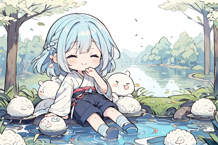 (masterpiece:1.2, best quality),a girl rest and sleeping (at lake of a forest),solo,chibi character,a cute girl:0.6\(french braid hair on top,light blue hair, long hair, fluffy hair,french braid hair on top,white skin,(closed eyes),no nose,small mouth,smil...