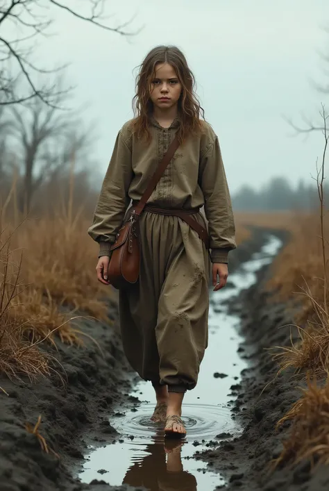 Russian serf girl,19 years old, barefoot, clothes torn by the wind, holding a leather crossbody bag,Walking through a muddy bath,My feet are covered with mud