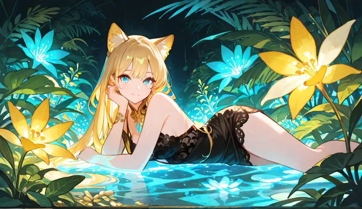 Masterpiece, Best Quality, A captivating anime-style catgirl with black, silky hair and striking blue eyes, lounging gracefully in a lush, bioluminescent jungle. She has feline ears and a playful yet mysterious expression. She is dressed in an elegant blac...