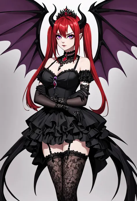 Adult woman , red hair, twin tails, purple eyes, black lace outfit, gothic, thigh-high stockings, Demonic Black Horn, Demonic tail, Red jewel on the chest, Black lace skirt,Long black gloves, puple Eye Shading, Black eyeliner , Makeup , mole under right ey...