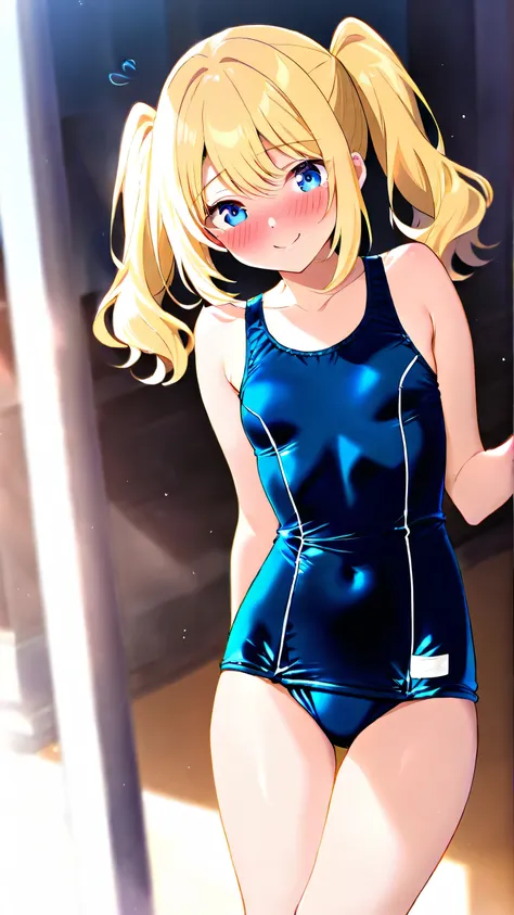  Blonde with blue eyes、Twintail small tits 、  school swimsuit、smile、 pool side 、 I'm shy