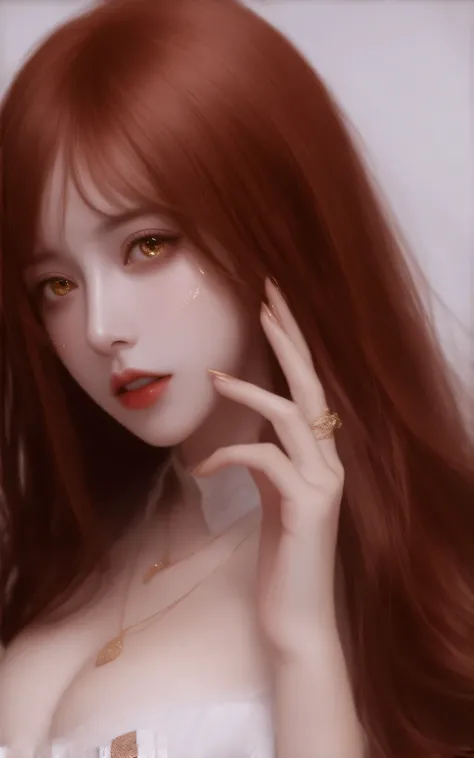 Create an image of a striking character with long, vibrant red hair and captivating golden eyes featuring spiral patterns. She has a seductive expression, with glossy lips and sharp, elegant nails. Her hand gently rests on her face, and she wears a stylish...