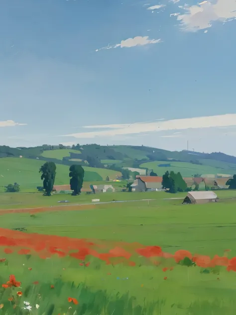 painting of a tree in a field with flowers and a sky background, a digital painting by sylvain sarrailh, pixiv contest winner, conceptual art, anime countryside landscape, anime background art, anime landscape, anime nature wallpap, beautiful anime scenery...