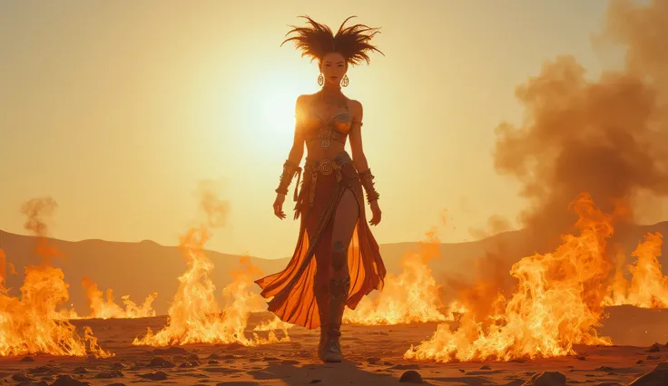 A full-body shot of a woman big breast wearing a mix of metallic and tribal attire, standing tall in a desert landscape with flames rising from the ground around her, against a bright sun. --ar 16:9 --chaos 20 --s 700 --v 5