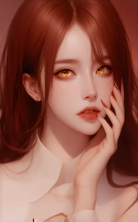 Create an image of a striking character with long, vibrant red hair and captivating golden eyes featuring spiral patterns. She has a seductive expression, with glossy lips and sharp, elegant nails. Her hand gently rests on her face, and she wears a stylish...