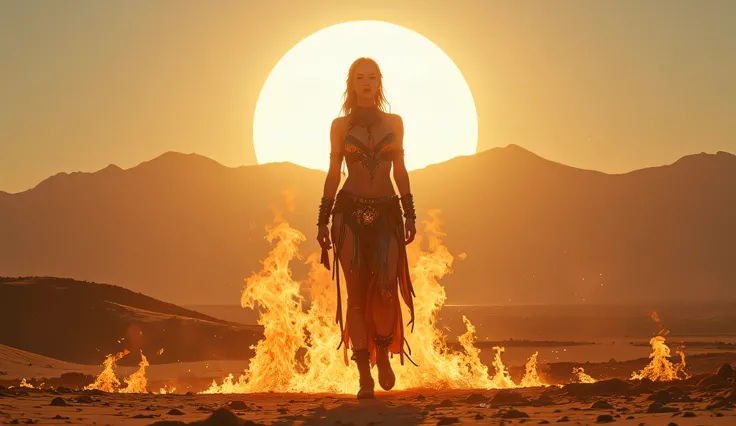 A full-body shot of a woman big breast wearing a mix of metallic and tribal attire, standing tall in a desert landscape with flames rising from the ground around her, against a bright sun. --ar 16:9 --chaos 20 --s 700 --v 5