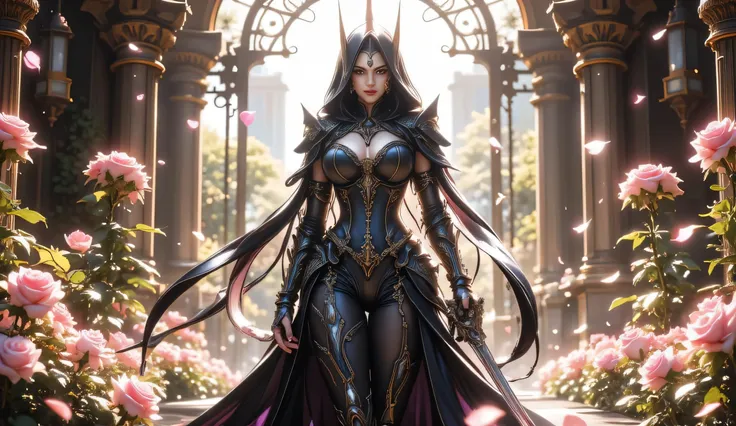 
Masterpiece, Best Quality, Top Quality, Very Detailed, A stunning dark elf warrior queen walking gracefully through a grand, sunlit gothic garden filled with vibrant roses. She has piercing eyes and an air of authority, wearing an elegant black corset gow...