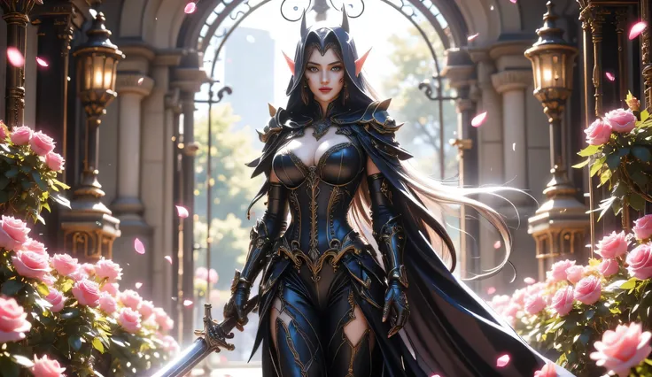 Masterpiece, Best Quality, Top Quality, Very Detailed, A stunning dark elf warrior queen walking gracefully through a grand, sunlit gothic garden filled with vibrant roses. She has piercing eyes and an air of authority, wearing an elegant black corset gow...