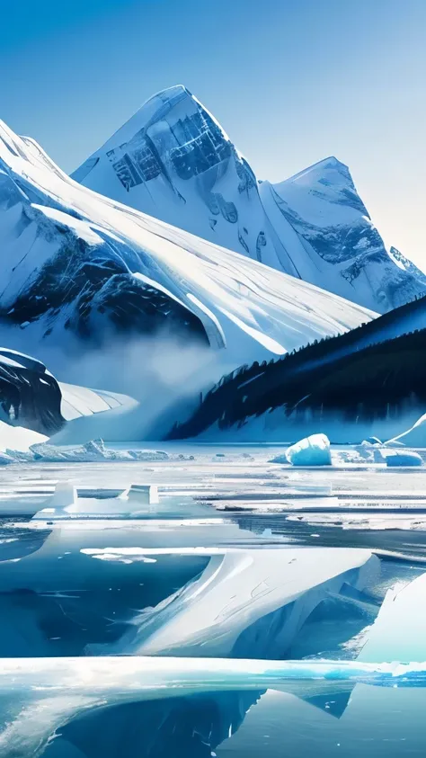 a close up of a group of ice blocks on a frozen lake, a hyperrealistic painting by Alexander Kucharsky, shutterstock, romanticism, mountains made out of icebergs, icy, icy glaciers, icy landscape, icy mountains, pillars of ice background, scary sharp icy, ...