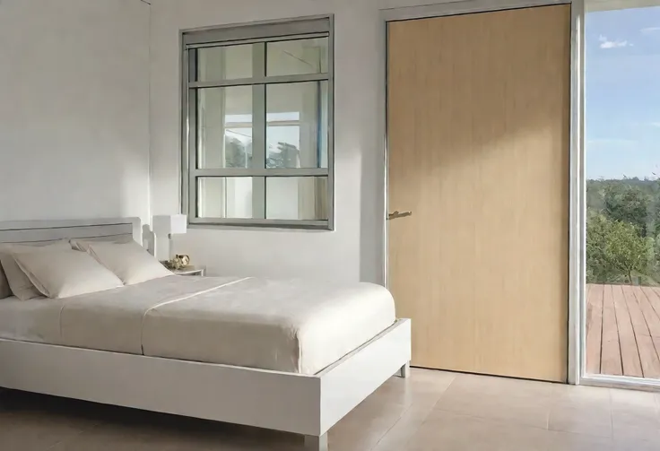 cream colored room, 1 wooden mattress bed, 1 bedside table, daylight, aluminum glass door, left side of aluminum door for bathroom has frosted glass