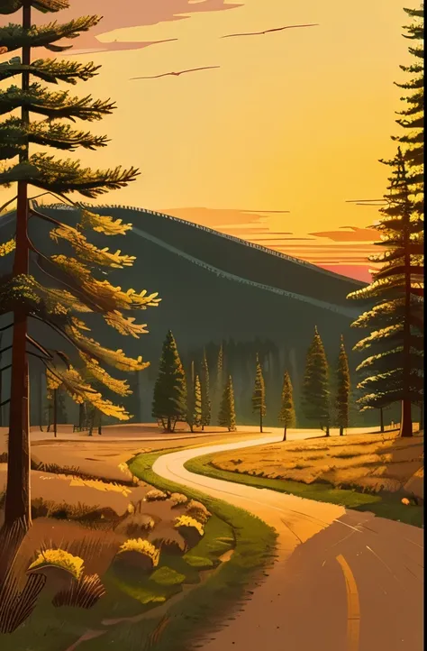 a picture of a painting of a dirt road in a field, beautiful pine tree landscape, sunset illustration, illustration”, firewatch, single pine, stock illustration, the sunset, beautiful high contrast woodcut, pine, evening sunset, warm sundown, illustration:...