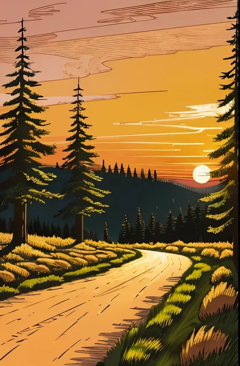 a picture of a painting of a dirt road in a field, beautiful pine tree landscape, sunset illustration, illustration”, firewatch, single pine, stock illustration, the sunset, beautiful high contrast woodcut, pine, evening sunset, warm sundown, illustration:...