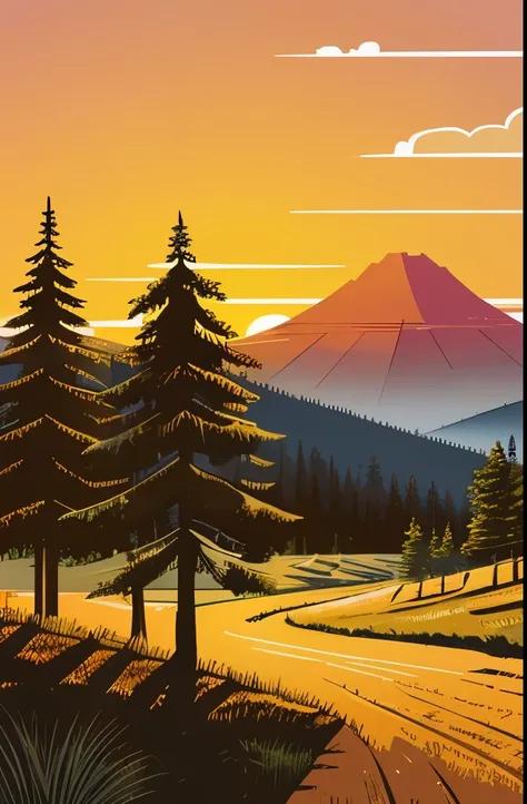 a picture of a painting of a dirt road in a field, vector art by Bob Singer, shutterstock, folk art, beautiful pine tree landscape, sunset illustration, illustration”, firewatch, single pine, stock illustration, the sunset, beautiful high contrast woodcut,...