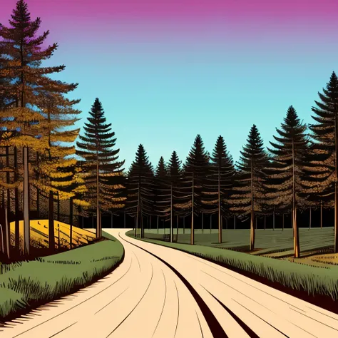 a picture of a painting of a dirt road in a field, vector art by Bob Singer, shutterstock, folk art, beautiful pine tree landscape, sunset illustration, illustration”, firewatch, single pine, stock illustration, the sunset, beautiful high contrast woodcut,...