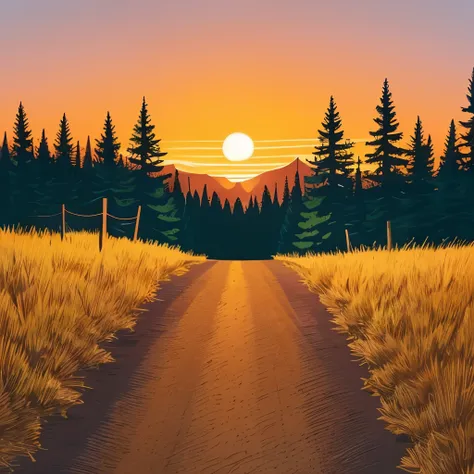 a picture of a painting of a dirt road in a field, beautiful pine tree landscape, sunset illustration, illustration”, firewatch, single pine, stock illustration, the sunset, beautiful high contrast woodcut, pine, evening sunset, warm sundown, illustration:...