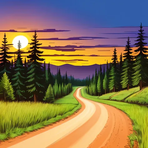 a picture of a painting of a dirt road in a field, vector art by Bob Singer, shutterstock, folk art, beautiful pine tree landscape, sunset illustration, illustration”, firewatch, single pine, stock illustration, the sunset, beautiful high contrast woodcut,...