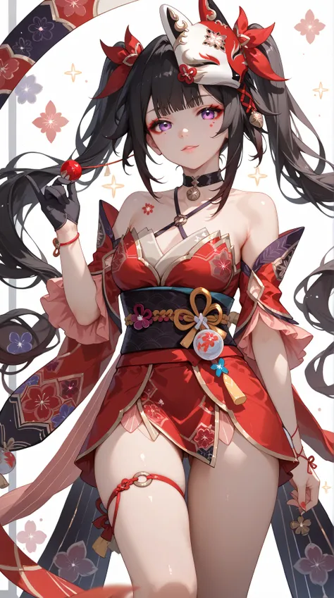 fox mask, mask on head, choker, off shoulder kimono, detached sleeves, obi, black glove, single glove, criss-cross halter, thigh strap, wristband, red dress, cross-laced sandalsspkl, purple eyes, black hair, long hair, twintails, red ribbonshsparkle, fox m...