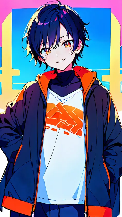 [(CITYPOP BACKGROUND:1.5),::5], ((((masterpiece)))), high quality, ultra very high resolution, full color, (((solo))), ((little younger boy)), (men's Short Black hair), (Blue streaked hair), (Sunset Orange eyes), anime, ((upper body)), Summer clothes, neon...