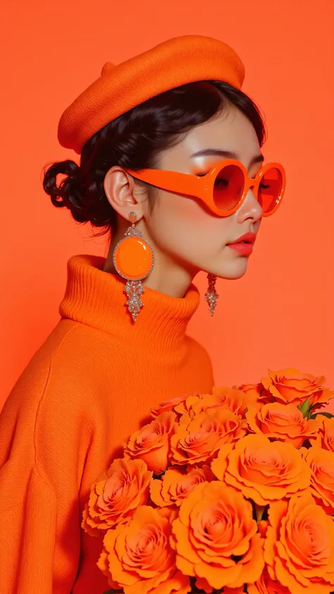 8k, masterpiece, highest quality, An image of an Asian woman wearing an orange dress, orange beret, orange sunglasses, large orange macaroon earrings, and holding a bouquet of orange roses, in front of a salmon-colored background.