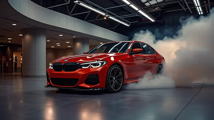 A cinematic ultra-HD 8K image of a BMW 335D accelerating inside a showroom, with thick torque-powered tire smoke filling the air. The car's diesel engine roars as it prepares for a test run.  
