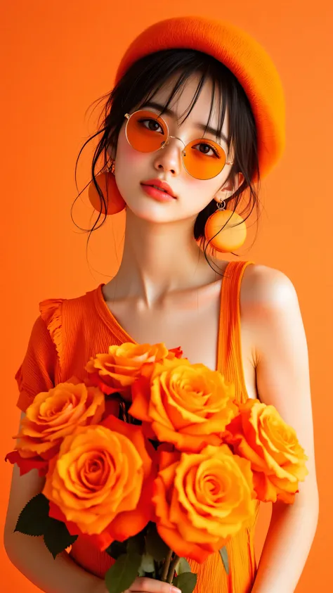 8k, masterpiece, highest quality, An image of an Asian woman wearing an orange dress, orange beret, orange sunglasses, large orange macaroon earrings, and holding a bouquet of orange roses, in front of a salmon-colored background.