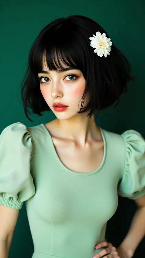 8k, masterpiece, highest quality, vintage pinup style, woman in mint green bodysuit, puffed sleeves, black bob haircut, white flower hair accessory, pale skin, dramatic makeup, green background, string puppet aesthetic, retro fashion, 1950s inspired, porce...