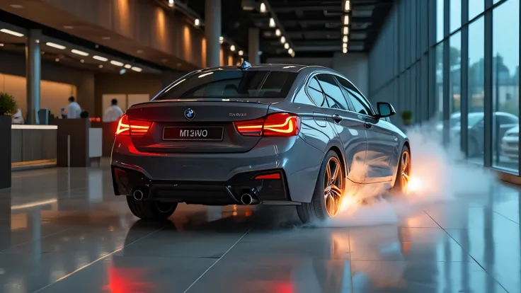 A cinematic ultra-HD 8K image of the BMW M140i’s exhaust tips emitting a small burst of flames after a high-rev launch, captured in slow-motion inside a showroom.  
