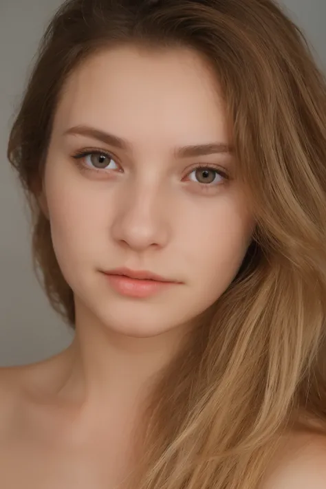  Russian girl,  honey-colored eyes, face photo, , Blond and brown hair,  realistic photo, face shot,  long hair, without marks on the skin, no dark circles,  detailed eyes