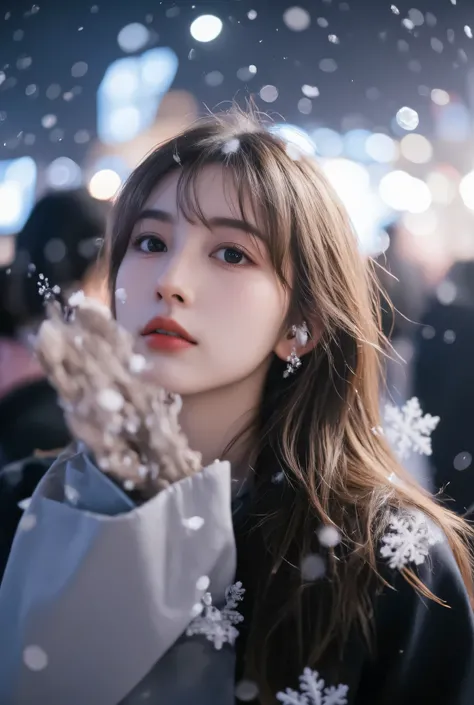 （masterpiece, best quality :1.2), winter,1 woman, [white breath] 、( Fantastic)Winter Festival 、 Snowflakes、❄️、cinematic lighting ,focus on her face,background blur,  fantastic