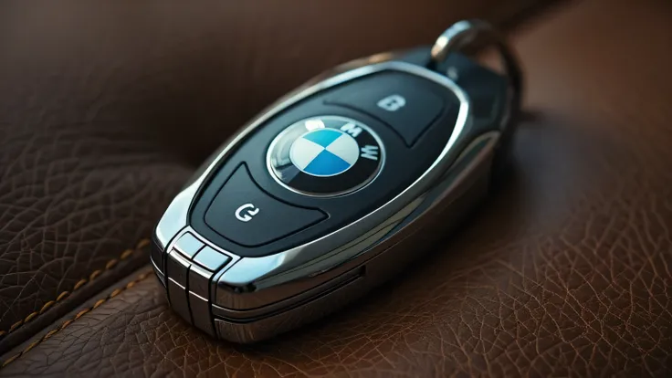 A cinematic ultra-HD 8K image of a BMW key fob placed on a luxurious leather surface inside the showroom, featuring the iconic M logo and a sleek metallic finish.
