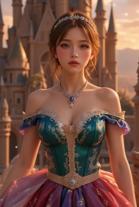 lors, deep contrast, super real, pink lipstick, lovely atmosphere, cinematic composition, close-up of face. She is wearing a breathtakingly opulent princess dress with flowing, multi-layered fabrics in a mesmerizing blend of royal blue, deep crimson, emera...