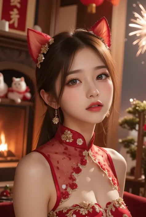 Cat ears、 face up、((( Lying in Bed))) attractive, pretty girl, ponytail、 (( fine facial features , eroticism)), dramatic lighting , realistic , 8k, Dramatic Shadows , intricate and elaborate patterns , super detailed photo ...