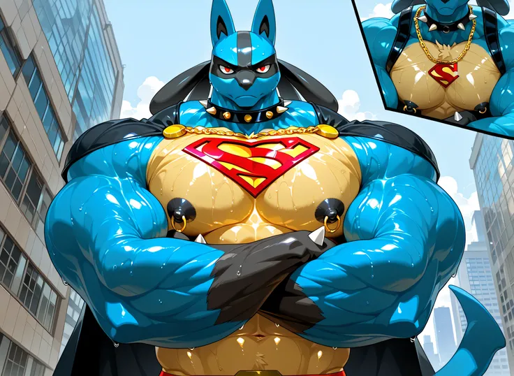 kemono, by null-ghost, by zixiong, solo, male, tail, Lucario, anthro, black nipples, big nipples, gold nipple rings, sweaty, handsome, broad shoulders, broad chest, huge muscular, posing, thick neck, thick arms, blue arms, pectorals crushing city, bedroom ...