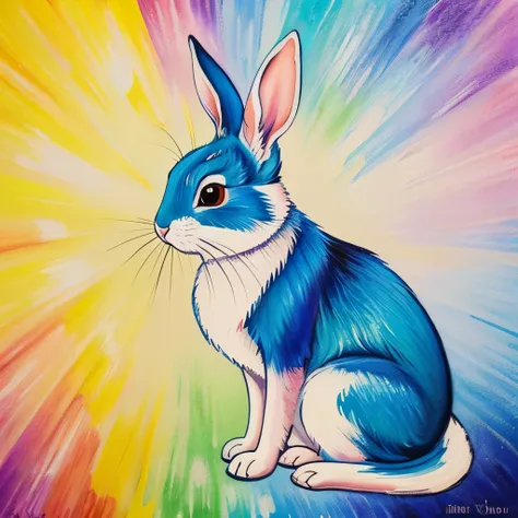 a painting of a rabbit with a long tail and a blue nose, a pastel inspired by Theodor Philipsen, featured on pixabay, fauvism, animal painting, full of colors and rich detail, painted in bright water colors, painted with pastels, detailed painting“, highly...