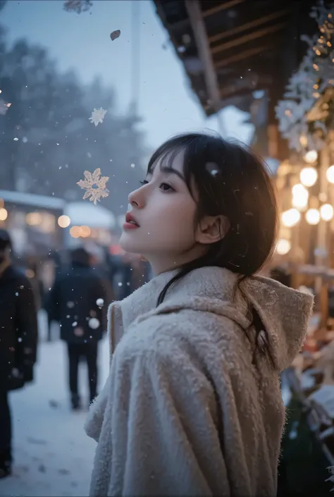 （masterpiece, best quality :1.2), winter,1 woman, [white breath] 、( Fantastic)Winter Festival 、 Snowflakes、❄️、cinematic lighting ,focus on her face,background blur,  fantastic