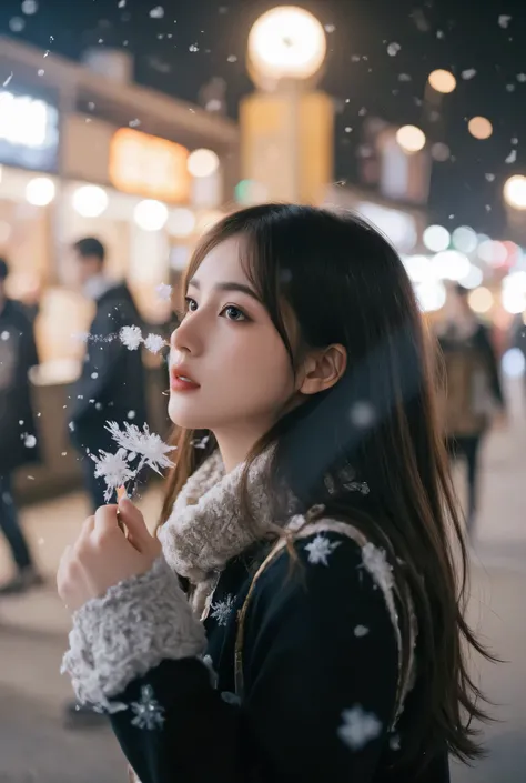 （masterpiece, best quality :1.2), winter,1 woman, [white breath] 、( Fantastic)Winter Festival 、 Snowflakes、❄️、cinematic lighting ,focus on her face,background blur,  fantastic