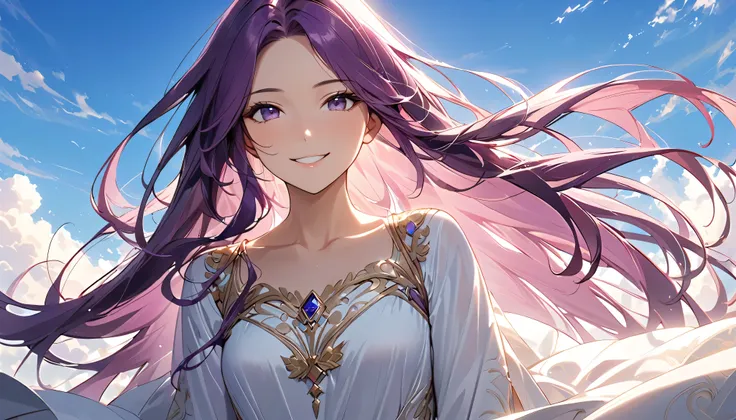 (((masterpiece, 最 high quality,  Supreme Masterpiece, super detailed:1.5))), ( very detailed and fantastic blue sky background:1.5), (((woman,  purple straight long hair  :1.5))),(((16K resolution:1.5)))、Like the last scene in the movie ,  ((( wear a dress...