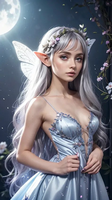 Liora is a delicate tiny faerie with shimmering wings that reflect the colors of the moonlight. She has long elf ears and big eyes. Her hair is silver and cascades down in gentle waves, adorned with tiny flowers that bloom at her touch. She wears a dress m...