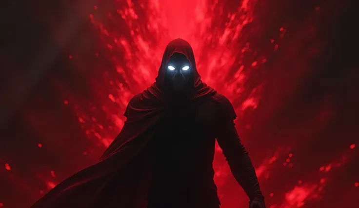  A chilling abstract image of Homelander (The Boys), standing tall in a swirl of red and black energy. His glowing white eyes are the only thing visible in the darkness, representing unchecked power and merciless domination over his enemies.