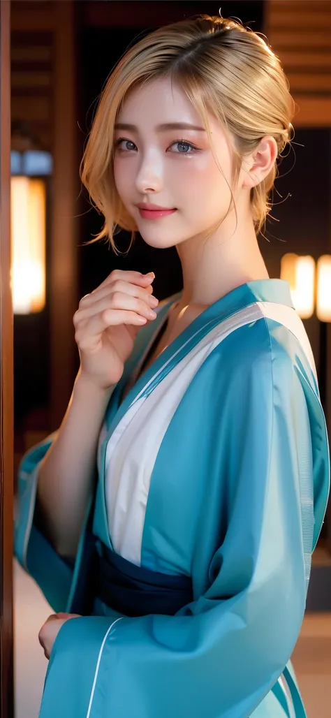 大人のwoman、hot spring、 kimono、 kimono、 kimono、 blue eyes、 blonde、体中に tattoo、 short hair、Multiple people、服が wet、  Hair Is Tied Up 、 wet、 covered in semen、 full body photo、 sexy face、 short hair、  full expression of desire showing details of the body、((( maste...