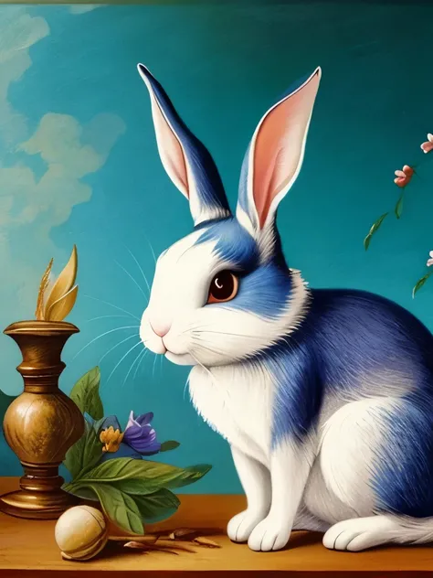 a painting of a rabbit with a long tail and a blue nose, a pastel, animal painting, full of colors and rich detail, painted in bright water colors, inspired by Theodor Philipsen, painted with pastels, detailed painting“, highly intricate and colorful, cele...